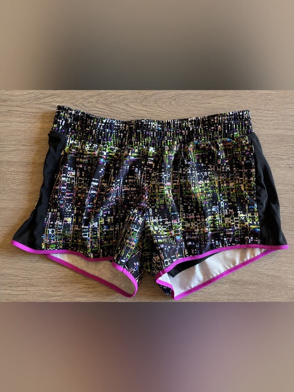 Fabletics Black Multi-Color Athletic Shorts with Purple Trim - Small